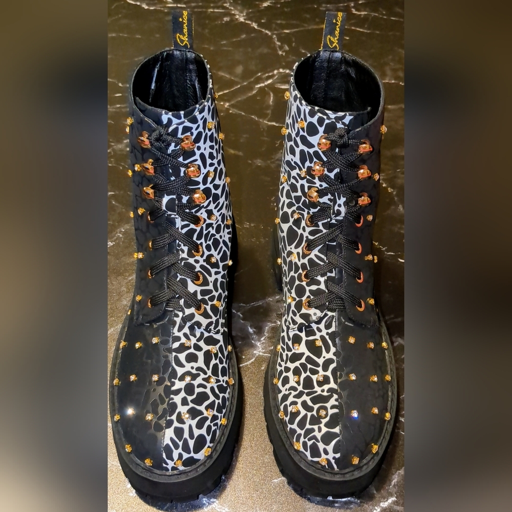 Studded Black & White Leopard Combat Boots